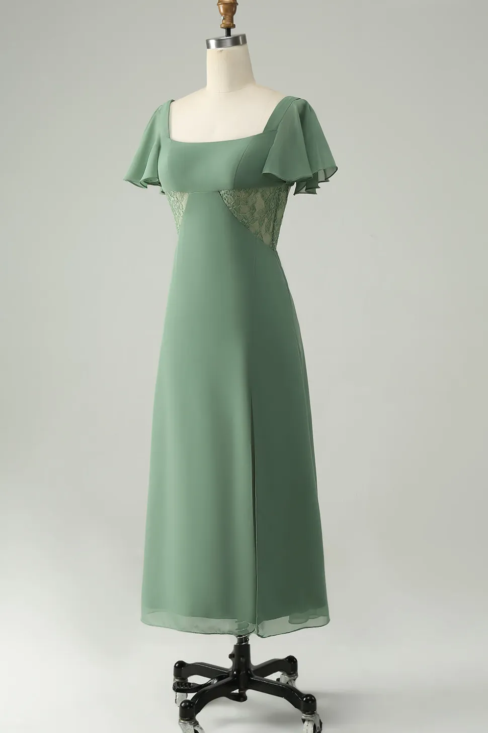 Uma linha de eucalipto pescoço quadrado Chiffon vestido de dama de honra com fenda