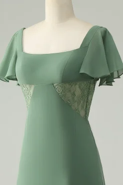 Uma linha de eucalipto pescoço quadrado Chiffon vestido de dama de honra com fenda