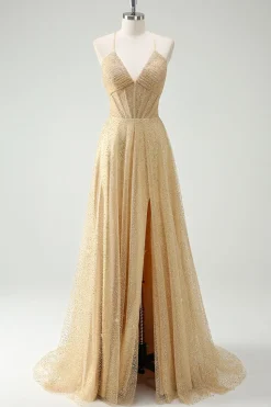 Uma linha de lantejoulas douradas espaguete alças vestido de baile com fenda