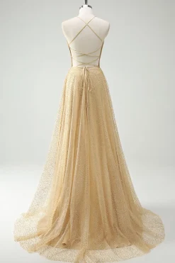 Uma linha de lantejoulas douradas espaguete alças vestido de baile com fenda