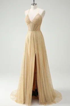 Uma linha de lantejoulas douradas espaguete alças vestido de baile com fenda
