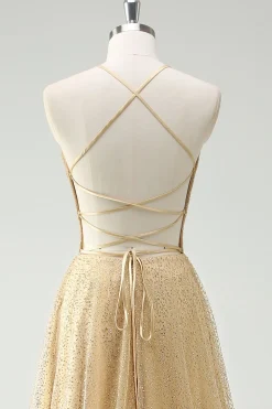 Uma linha de lantejoulas douradas espaguete alças vestido de baile com fenda