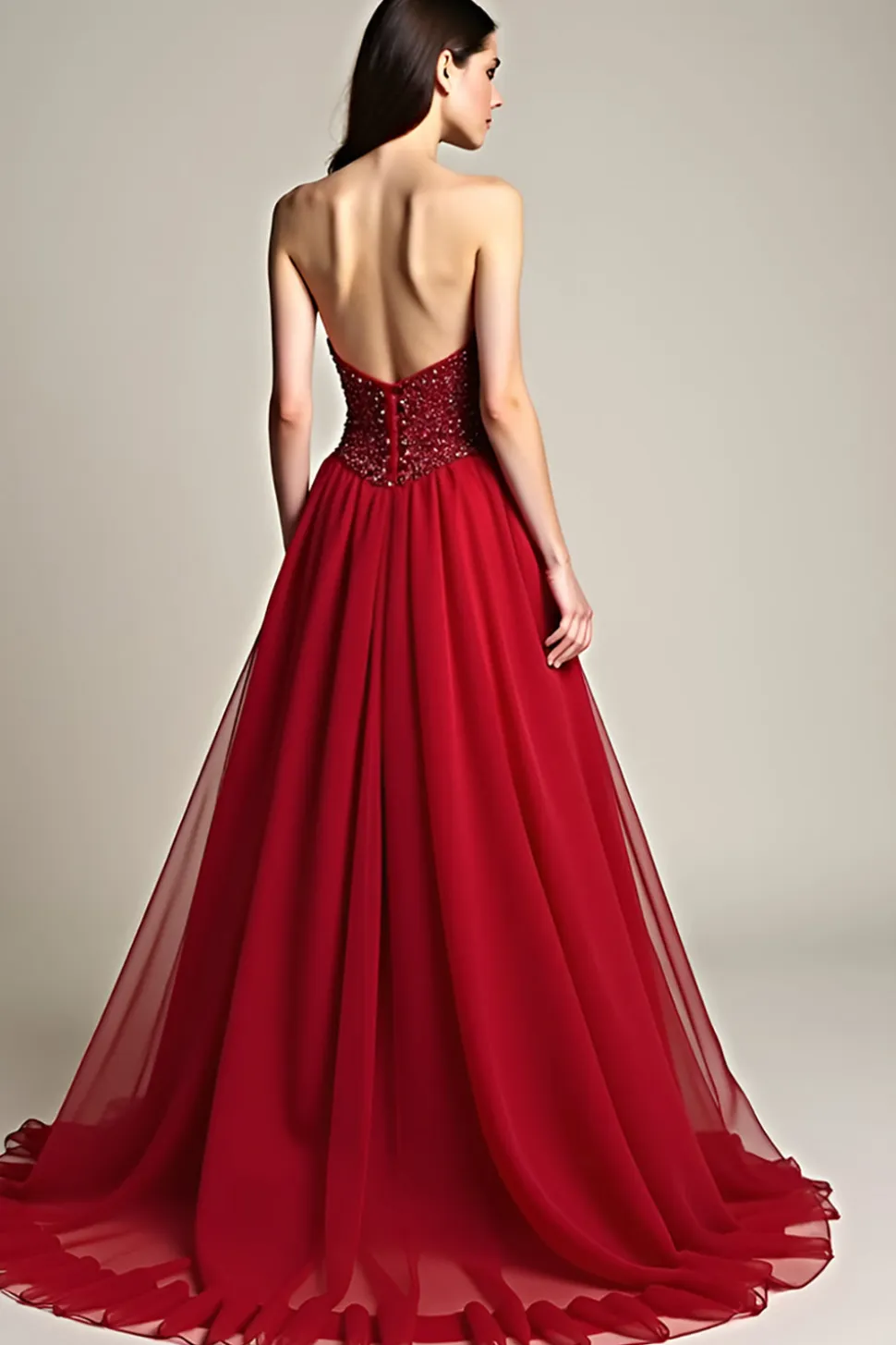 Uma linha de lantejoulas Borgonha sem alças tule longo vestido de baile