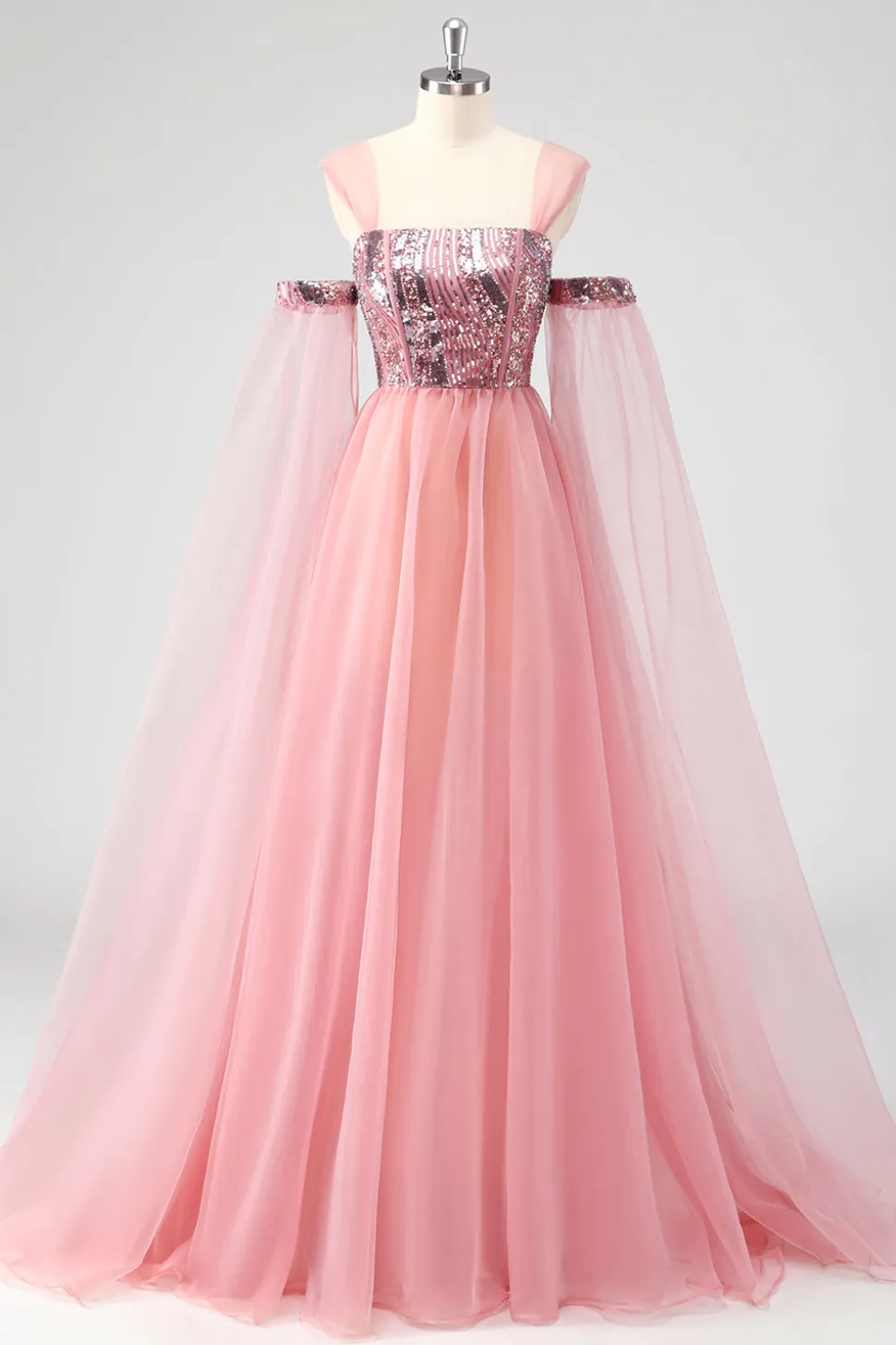 Uma linha de mangas de cabo rosa fora do ombro Sequins vestido formal