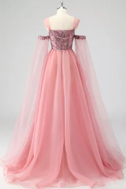 Uma linha de mangas de cabo rosa fora do ombro Sequins vestido formal