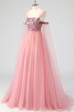 Uma linha de mangas de cabo rosa fora do ombro Sequins vestido formal