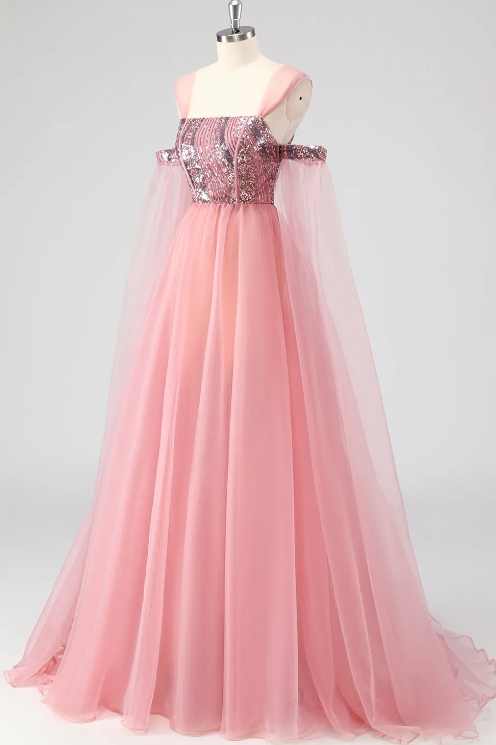 Uma linha de mangas de cabo rosa fora do ombro Sequins vestido formal