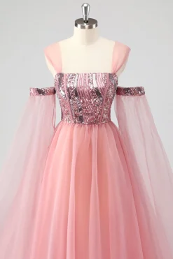 Uma linha de mangas de cabo rosa fora do ombro Sequins vestido formal