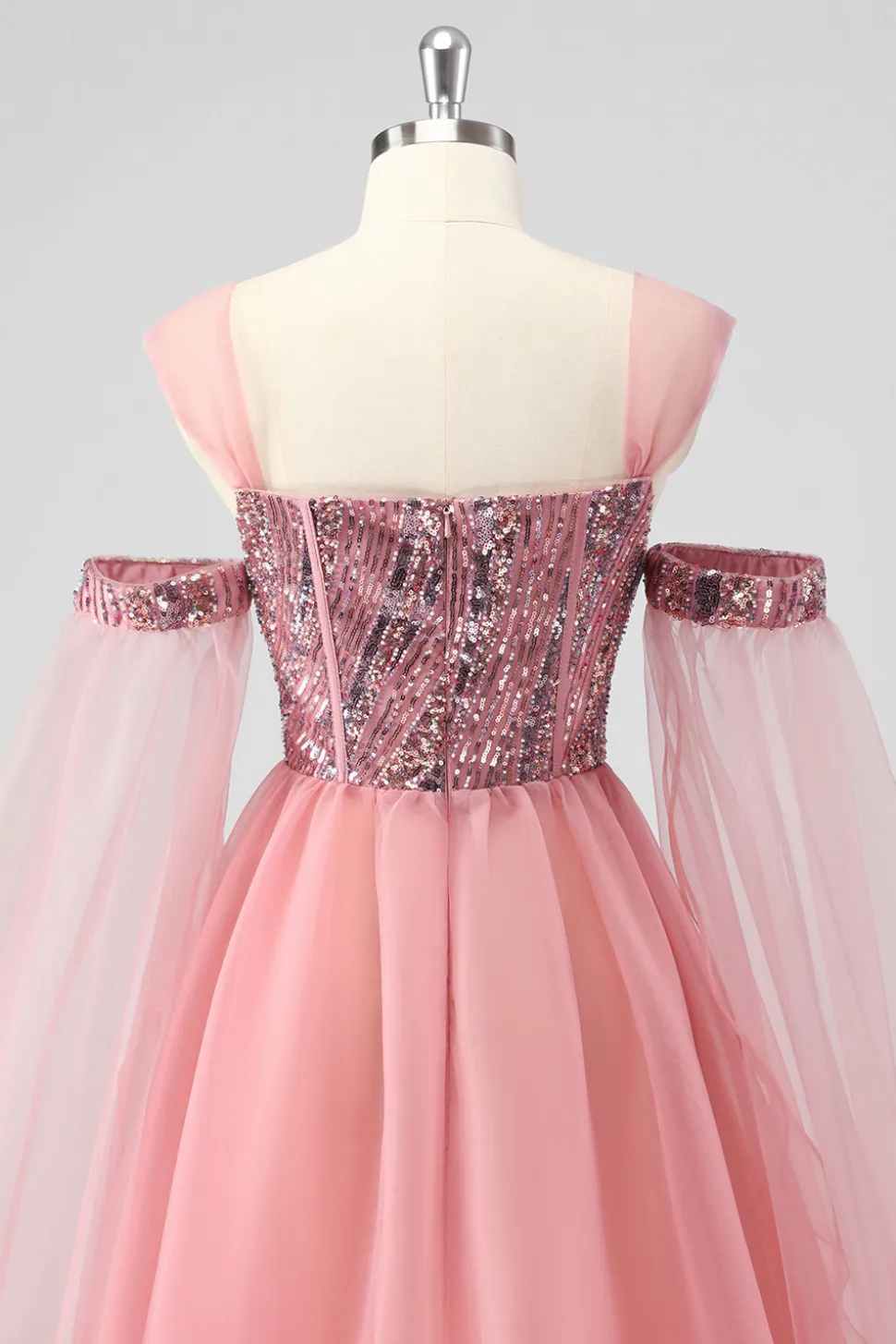 Uma linha de mangas de cabo rosa fora do ombro Sequins vestido formal