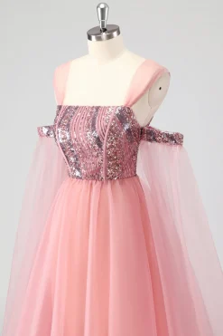 Uma linha de mangas de cabo rosa fora do ombro Sequins vestido formal