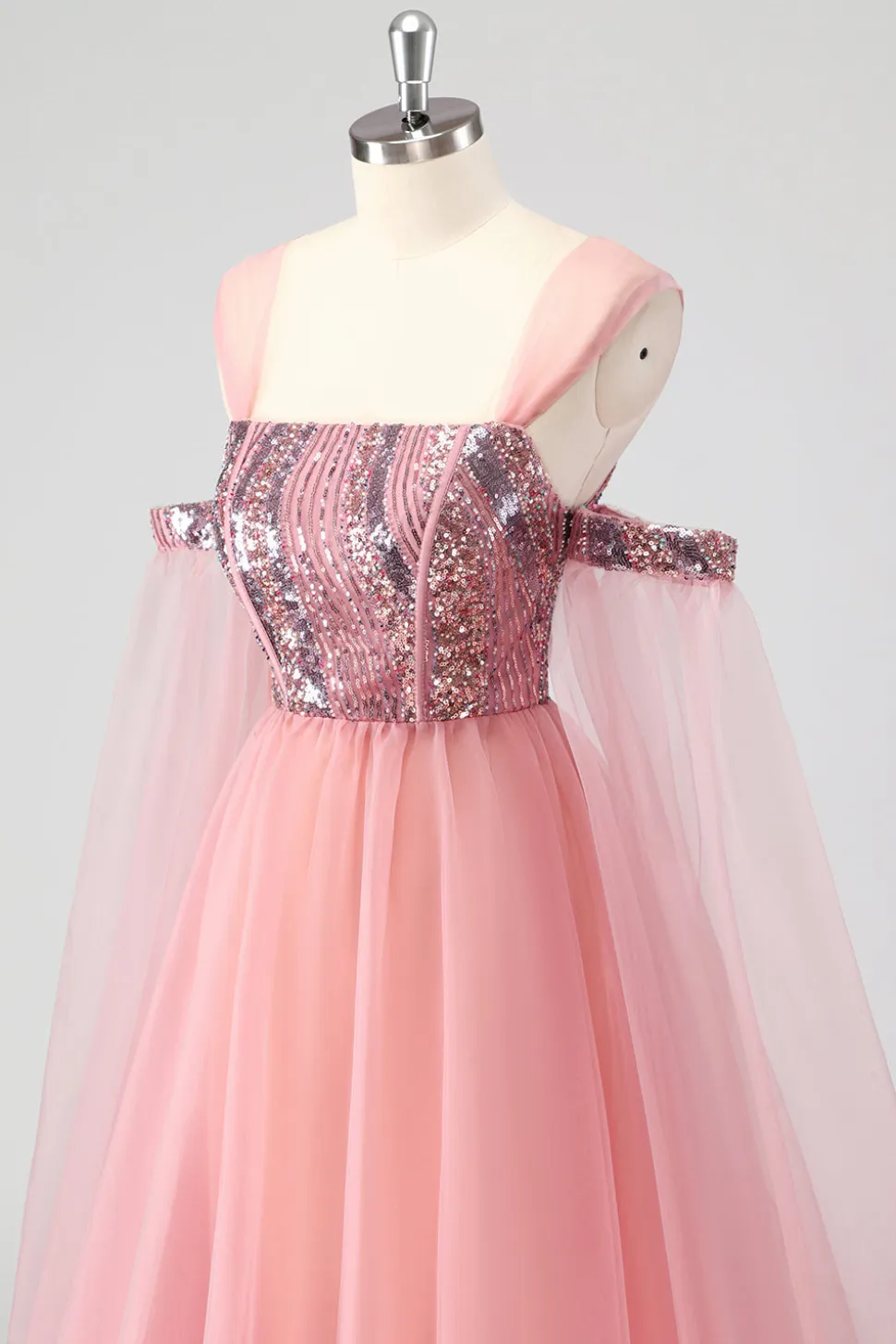 Uma linha de mangas de cabo rosa fora do ombro Sequins vestido formal