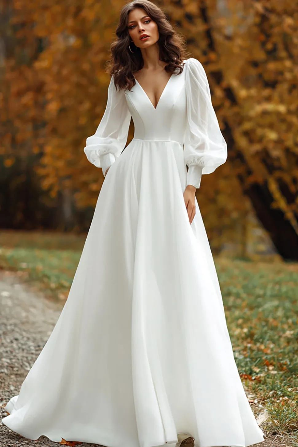 Uma linha de marfim V-neck vestido de noiva manga longa