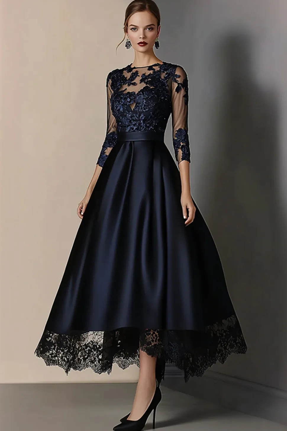 Uma linha de renda marinha mãe de vestido de noiva com 3/4 mangas