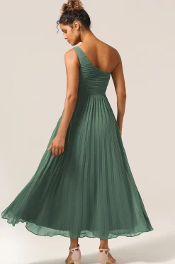 Uma linha de um ombro eucalipto longo vestido de dama de honra com Ruched