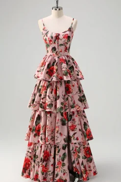 Uma linha em camadas cinza rosa espaguete alças floral longo vestido de baile