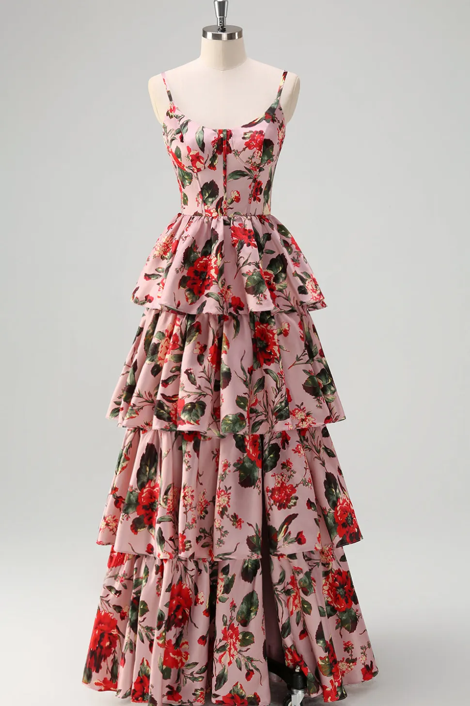 Uma linha em camadas cinza rosa espaguete alças floral longo vestido de baile