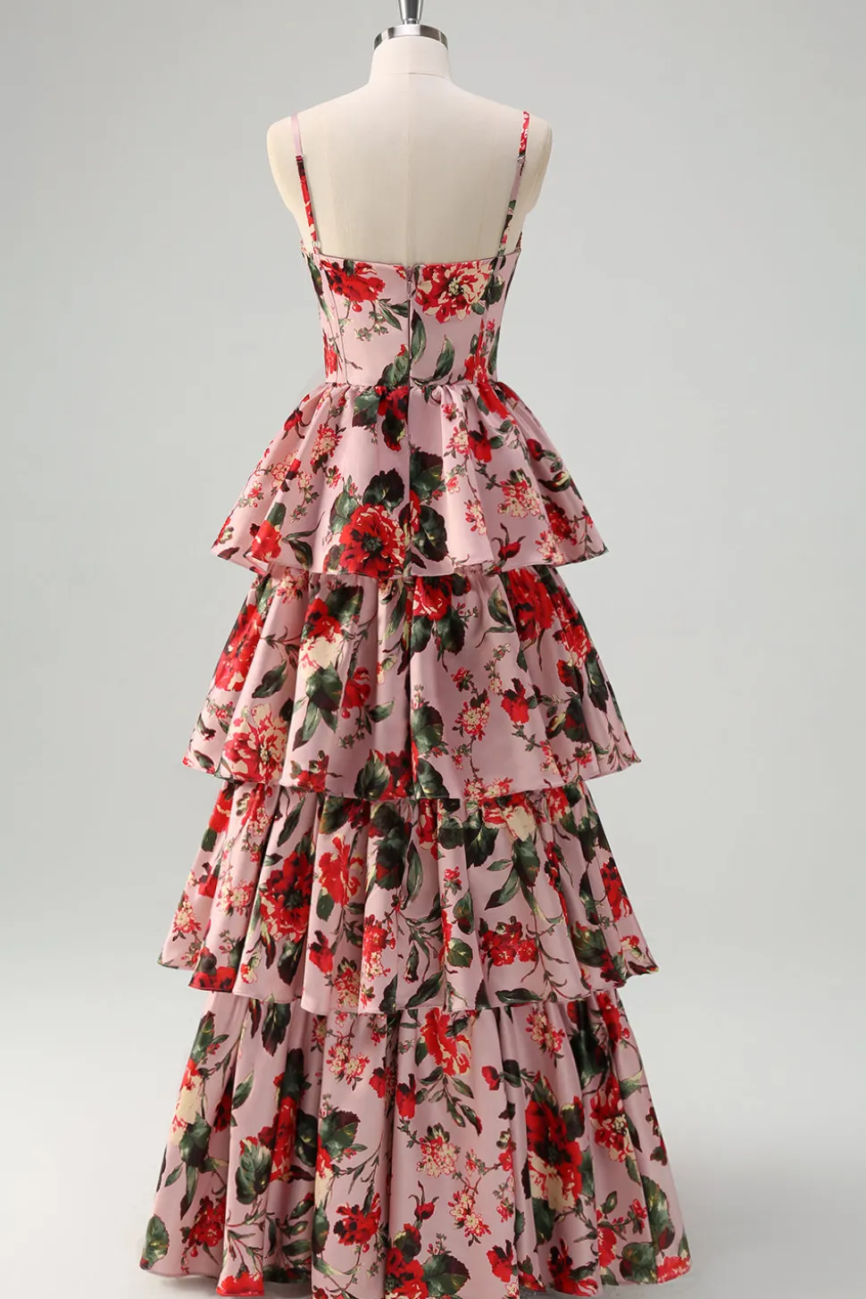 Uma linha em camadas cinza rosa espaguete alças floral longo vestido de baile