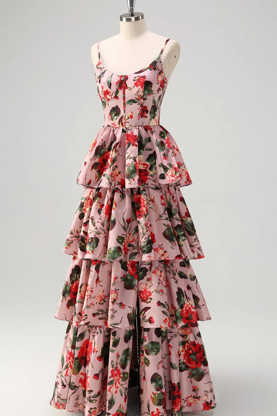 Uma linha em camadas cinza rosa espaguete alças floral longo vestido de baile