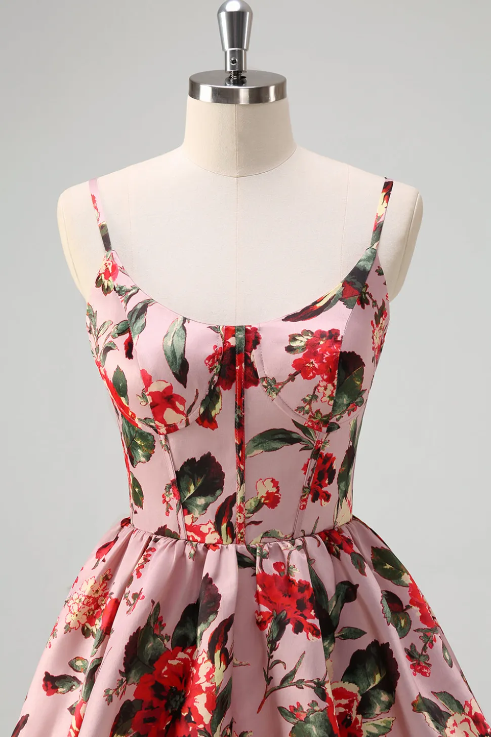 Uma linha em camadas cinza rosa espaguete alças floral longo vestido de baile