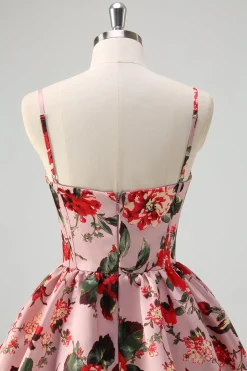 Uma linha em camadas cinza rosa espaguete alças floral longo vestido de baile