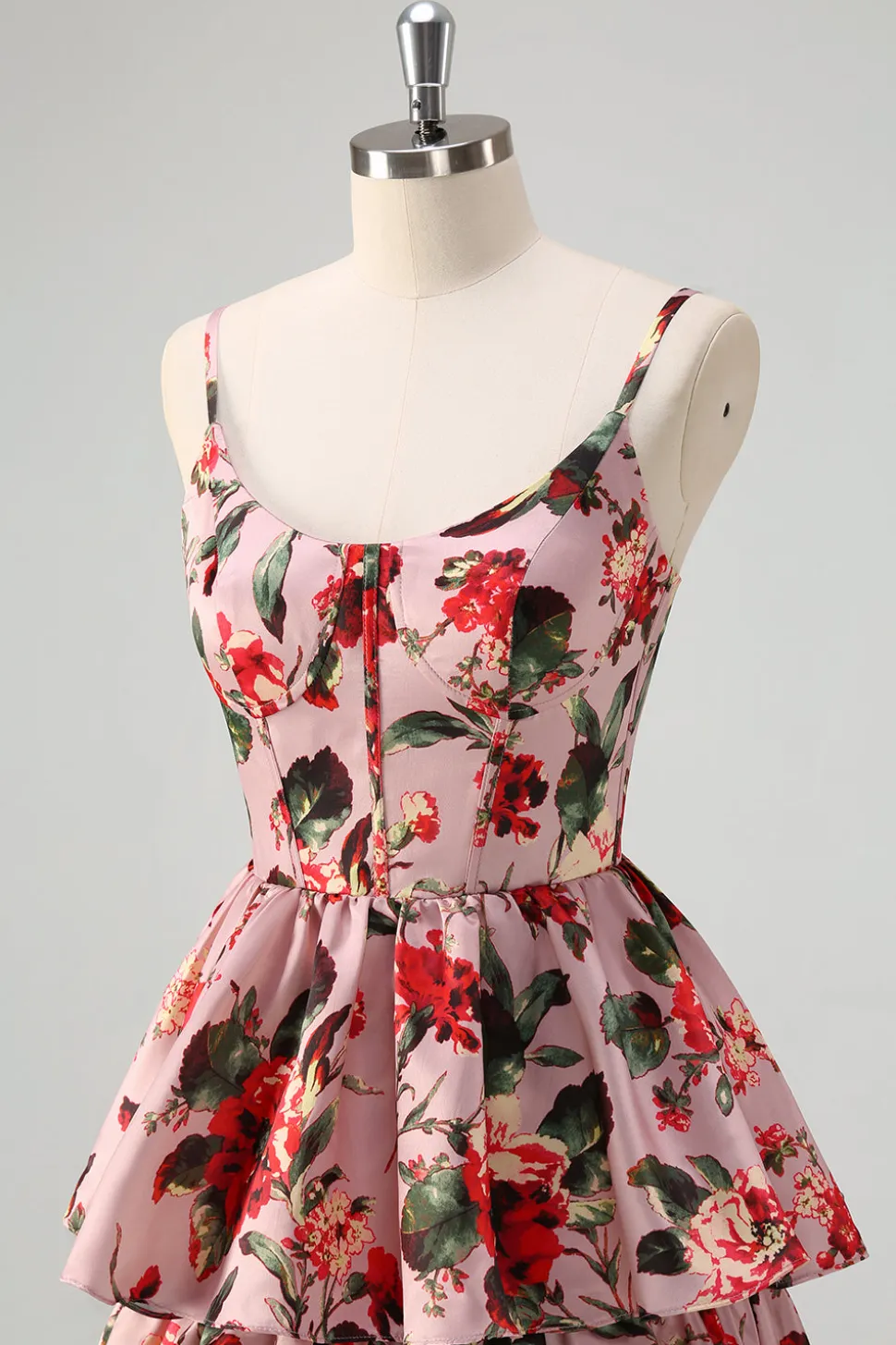 Uma linha em camadas cinza rosa espaguete alças floral longo vestido de baile