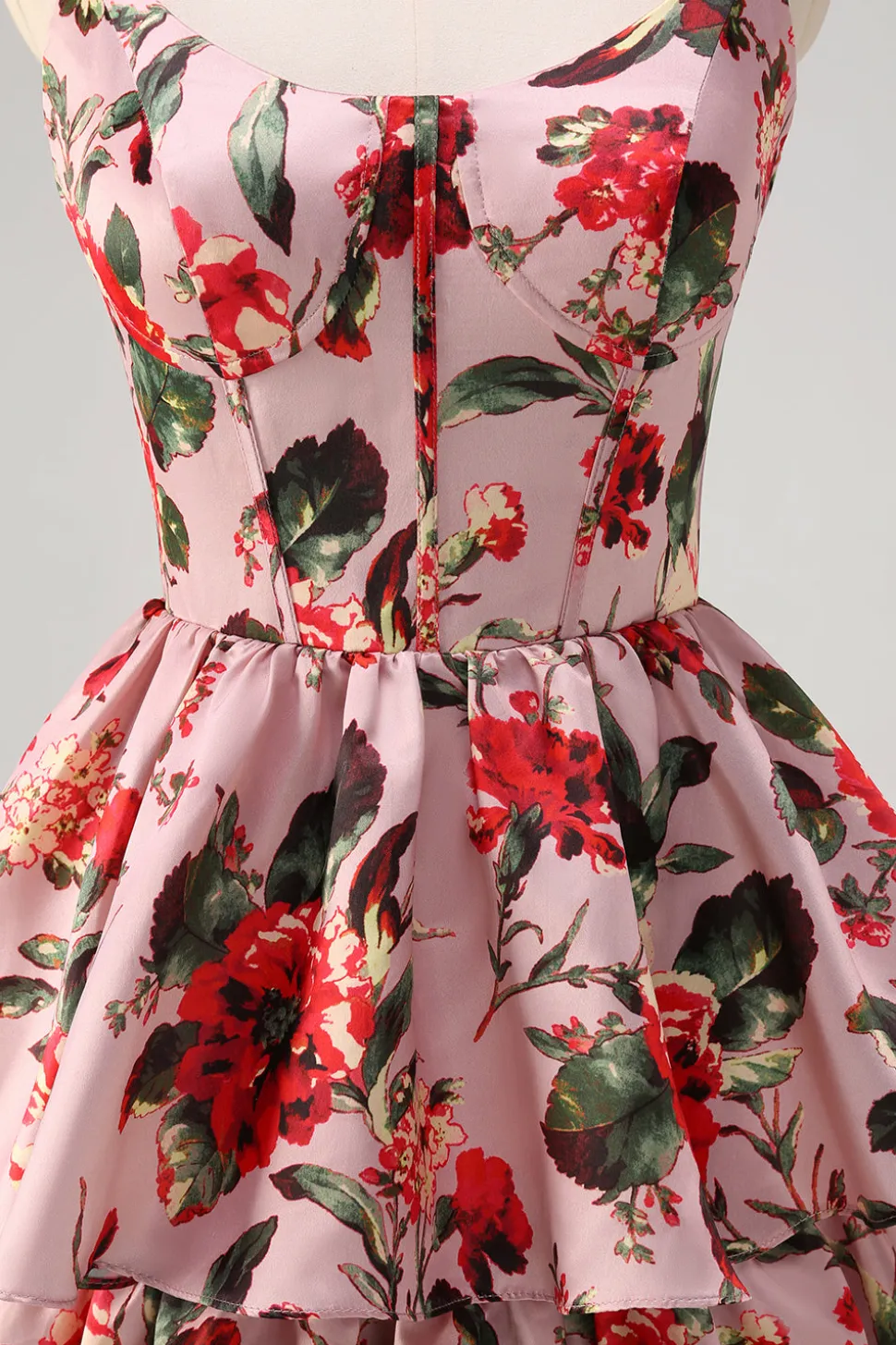 Uma linha em camadas cinza rosa espaguete alças floral longo vestido de baile