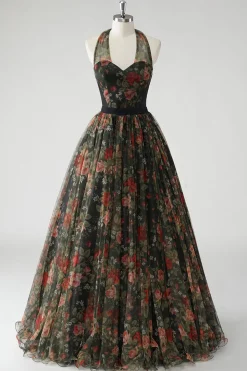 Uma linha floral estampado Halter verde escuro vestido de casamento convidado