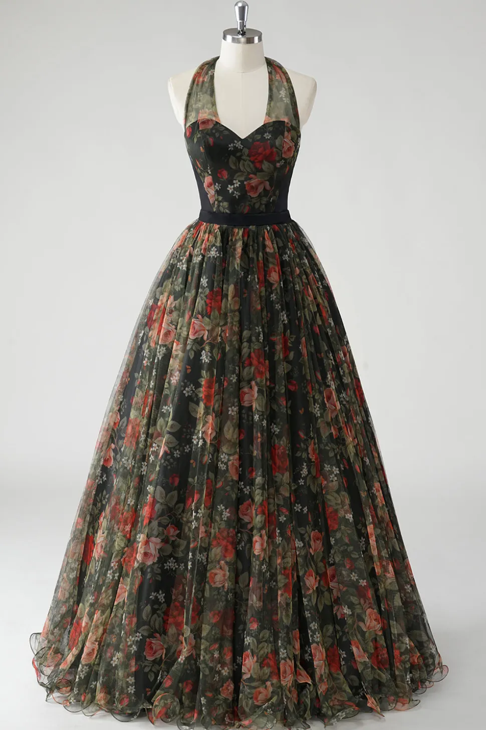 Uma linha floral estampado Halter verde escuro vestido de casamento convidado