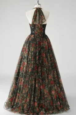 Uma linha floral estampado Halter verde escuro vestido de casamento convidado