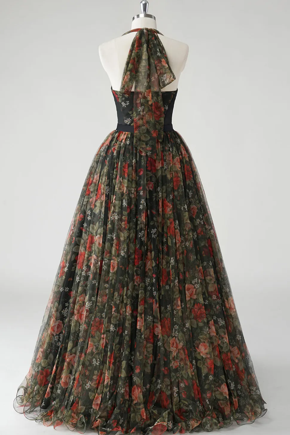 Uma linha floral estampado Halter verde escuro vestido de casamento convidado