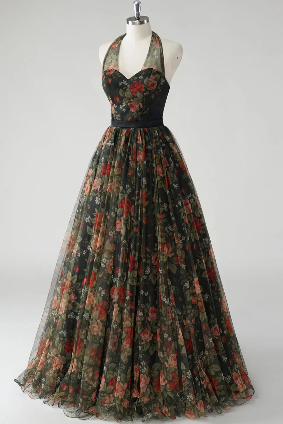 Uma linha floral estampado Halter verde escuro vestido de casamento convidado
