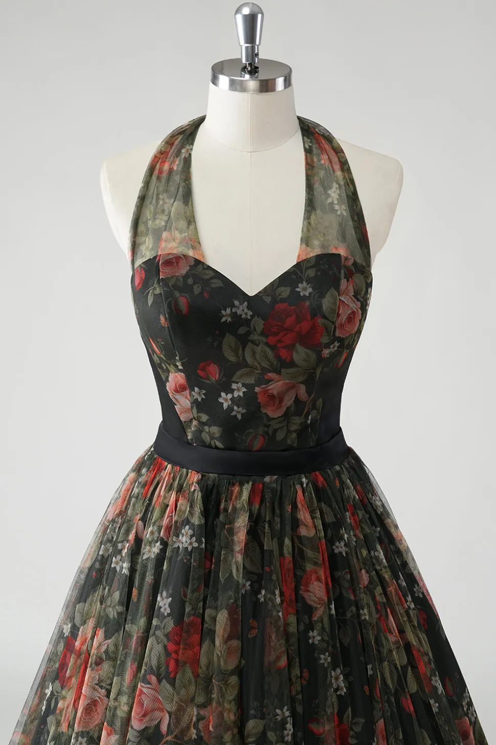 Uma linha floral estampado Halter verde escuro vestido de casamento convidado