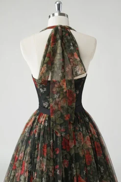 Uma linha floral estampado Halter verde escuro vestido de casamento convidado