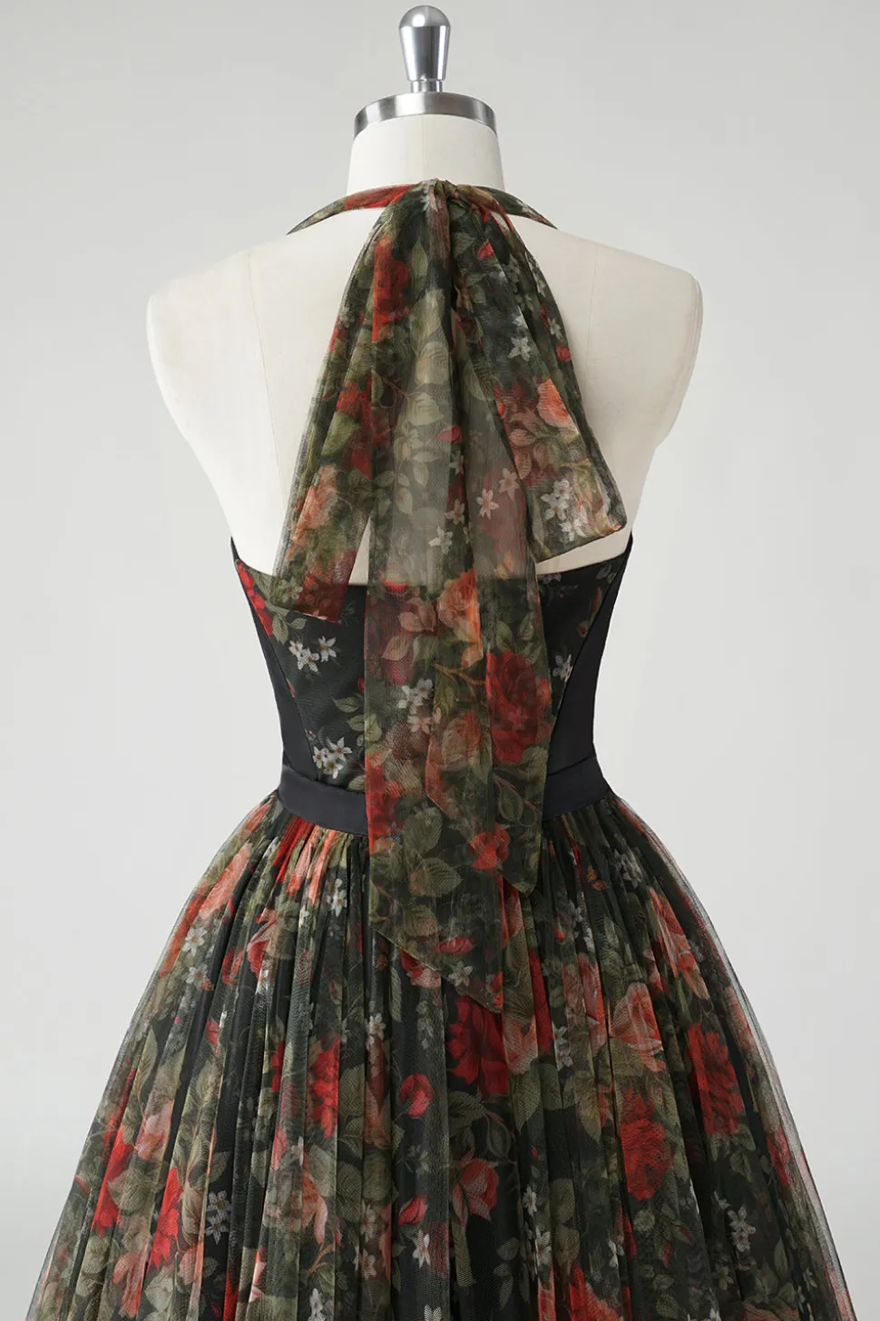 Uma linha floral estampado Halter verde escuro vestido de casamento convidado
