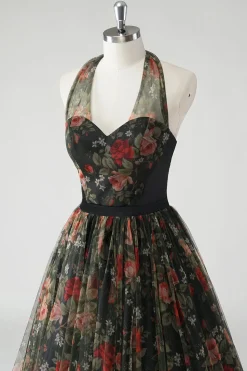 Uma linha floral estampado Halter verde escuro vestido de casamento convidado