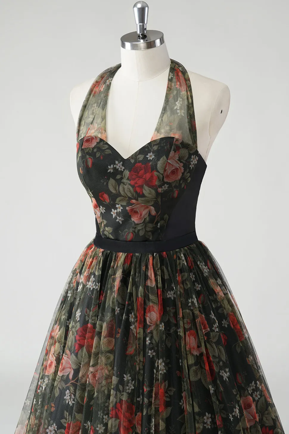 Uma linha floral estampado Halter verde escuro vestido de casamento convidado