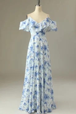 Uma linha fora do ombro azul floral imprimir longo vestido de dama de honra