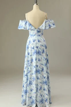 Uma linha fora do ombro azul floral imprimir longo vestido de dama de honra