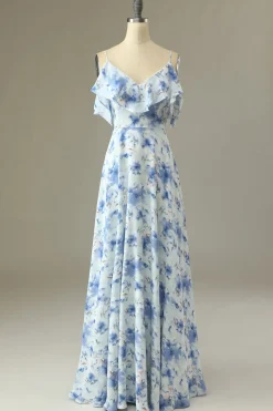 Uma linha fora do ombro azul floral imprimir longo vestido de dama de honra