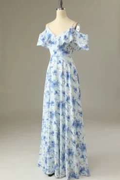Uma linha fora do ombro azul floral imprimir longo vestido de dama de honra