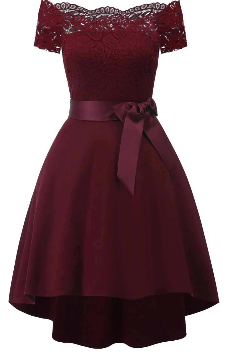 Uma linha fora do ombro borgonha vestido de renda com Bowknot