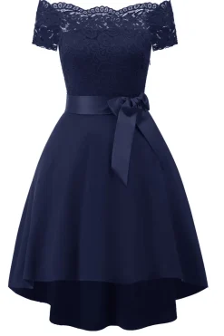 Uma linha fora do ombro borgonha vestido de renda com Bowknot