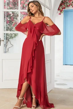 Uma linha fora do ombro Borgonha vestido longo dama de honra com babados