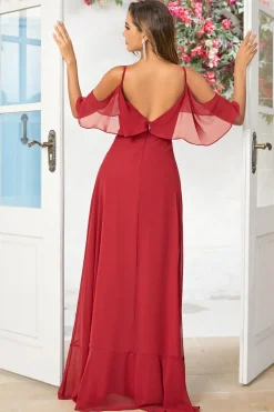 Uma linha fora do ombro Borgonha vestido longo dama de honra com babados