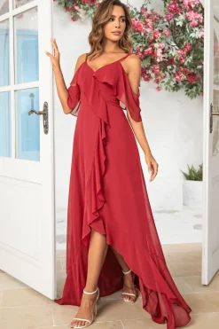 Uma linha fora do ombro Borgonha vestido longo dama de honra com babados
