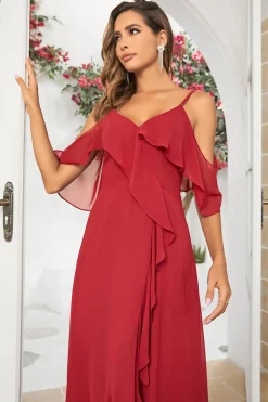 Uma linha fora do ombro Borgonha vestido longo dama de honra com babados