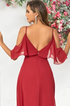 Uma linha fora do ombro Borgonha vestido longo dama de honra com babados