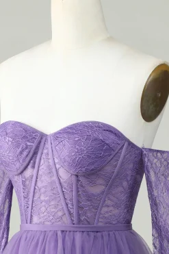 Uma linha fora do ombro espartilho roxo Homecoming vestido com mangas compridas