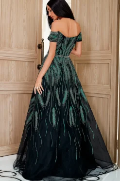 Uma linha fora do ombro escuro vestido de festa verde bordado