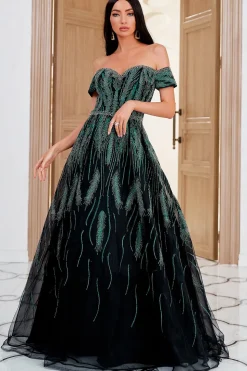 Uma linha fora do ombro escuro vestido de festa verde bordado